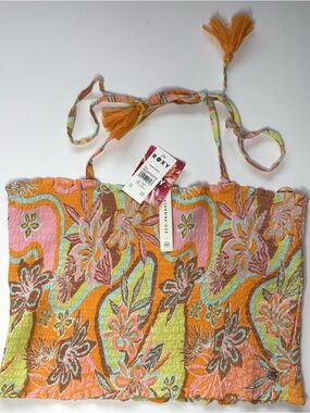 Roxy NWT Floral Smocked Halter Crop Top Boho Beachy Summer Size L